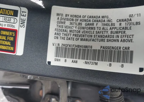 2011 Honda Civic Vp z USA, uszkodzony, nr VIN 2HGFA1F34BH548016